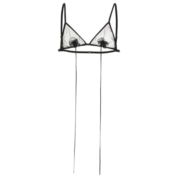 Nensi Dojaka Floral Appliqué Sheer Tulle Triangle Bra in Black at - Picture 3 of 6
